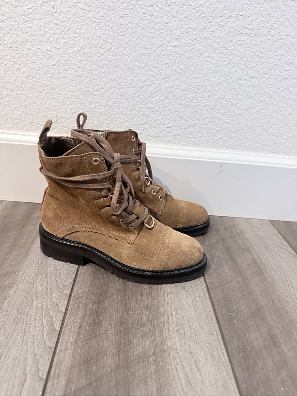 AllSaints- Lira Hiker Suede Combat Boots in Desert Sand - 36/US6